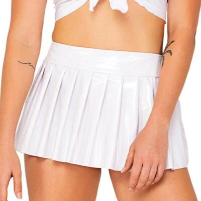Vinyl Pleated Mini Skirt Zipper Closure School Girl Costume Rave White 5136 - Image 1 of 4