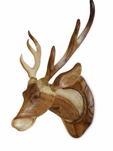 Hirschgeweih 70 cm Hirsch Kopf Hirsch Geweih Deko Massivholz geschnitzt Trophäe - Bild 1 von 5