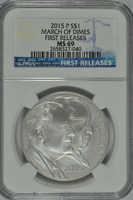 2015 P March of Dimes Uncirculated Silver Dollar NGC MS69 First Releases - Image 1 of 2