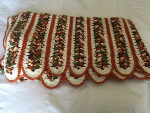 Vintage Afghan Orange Cream Scalloped Edge Crochet Handmade 58"x53" - Picture 1 of 3