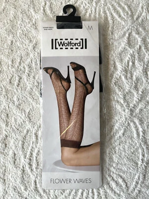 Wolford New Knee High Stocking Pantyhose Flower Waves Black Medium Sz 8-10 39-41 - Image 1 of 4