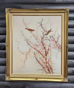 BIRDS TREES BEAUTIFUL NATURE VINTAGE FRAMED OIL CANVAS PAINTING RETRO - Picture 1 of 21