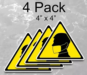 Yellow Mask Warning Triangle Sign Vinyl Sticker Car Decal - 4 Pack - Picture 1 of 1