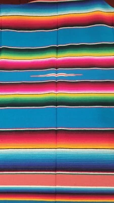Mexican Sarape Teal Blue, Blanket, Rug, Picnic, Party,Throw, Tablecloth - Image 1 of 3