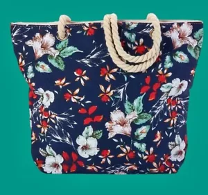 Renshun Navy Floral Canvas Tote Bag Beige Braided Rope Handle Zip Close Purse - Picture 1 of 2