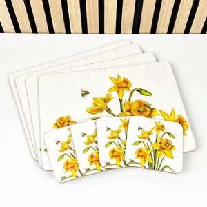 Juego de 4 manteles individuales y posavasos florales galés narciso mesa de comedor ajuste de lugar - Imagen 1 de 5