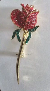 Red Rose Flower Brooch, Gold Tone Red & Green Rhinestones - Picture 1 of 5