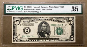 1928 $5 FRN NEW YORK Fr. 1950-C / PMG 35 CVF Ser# B 04281070 A - Picture 1 of 3