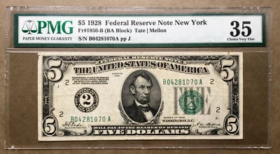 1928 $5 FRN NEW YORK  Fr. 1950-C  /  PMG 35 CVF  Ser# B 04281070 A - Image 1 of 3