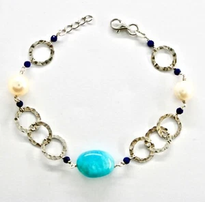 bracciale in argento 925 con amazzonite, perla di acqua dolce e lapislazzuli blu - Foto 1 di 4