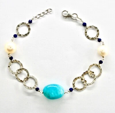 bracciale in argento 925 con amazzonite, perla di acqua dolce e lapislazzuli blu - Immagine 1 di 4