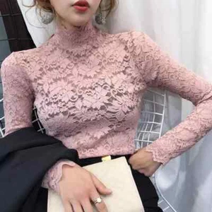 Mujeres Blusa Cuello Alto Floral Encaje Manga Larga Hueco Transparente Camisa Pullover Prendas para el torso - Imagen 1 de 29