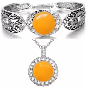2PcSet Yellow Jade Women's Sterling Silver Nekclace With Bracelet Bangle D3D18 - Picture 1 of 7