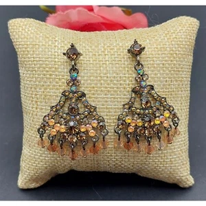 Beautiful Gunmetal Amber Crystal Brown Chandelier Statement Earrings Pierced - Picture 1 of 5