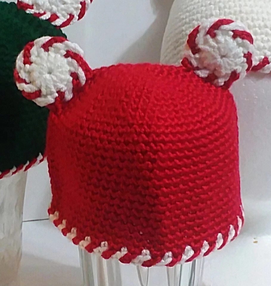 New NB-3 Month Handmade Christmas Peppermint Mouse Bear Crochet Hat 14" Head - Image 1 of 1