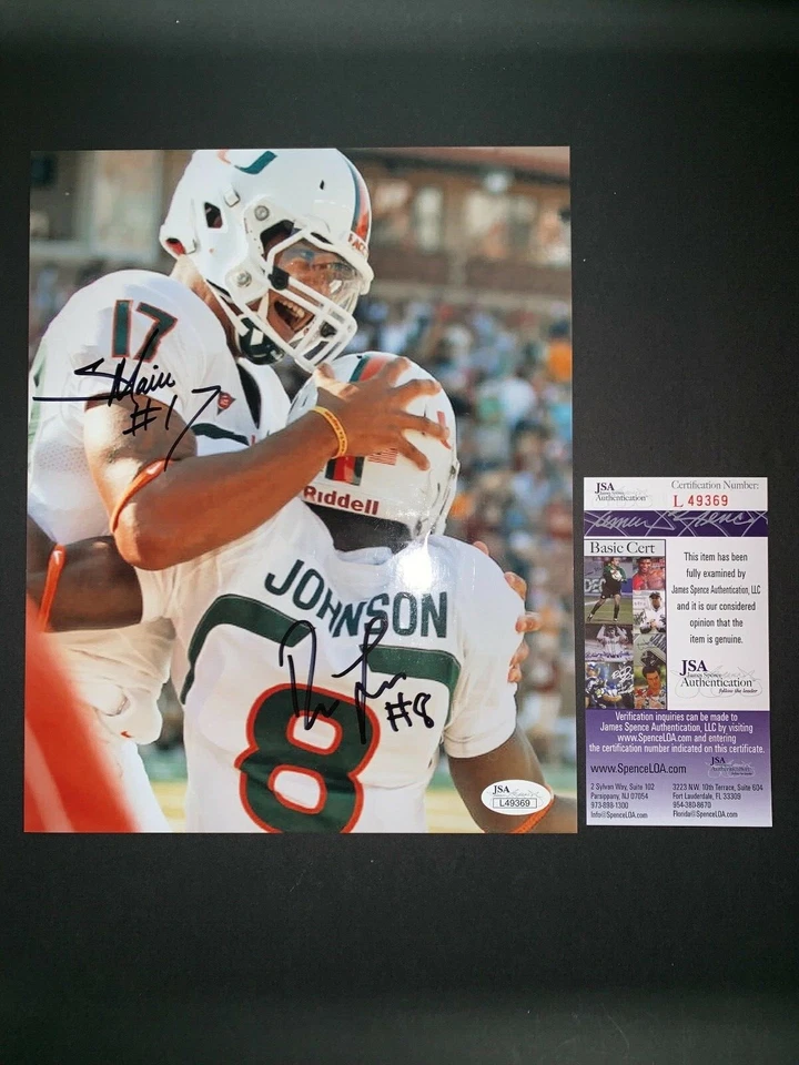 "DUKE" JOHNSON & STEPHEN MORRIS  MIAMI HURRICANES SIGNED 8X10 PHOTO W/JSA COA - Image 1 of 1