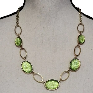 Green & Gold Tone Statement Necklace 23" Sparkly Open Work Retro Y2K Jewelry - Picture 1 of 7
