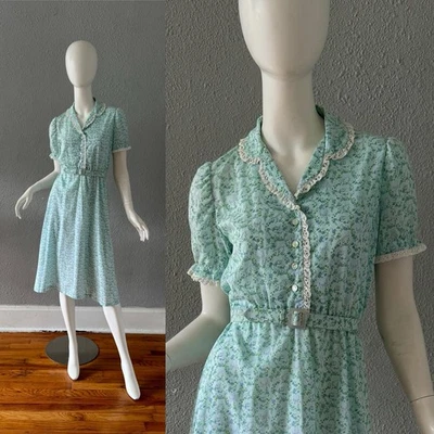 Vintage 70s Blue Floral Calico Eyelet lace Belt Cotton Day Dress L - Image 1 of 4