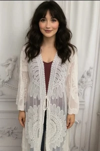 Victorian Trading Sabrina Floral Medallion Lace Duster Cover-Up Jacket Ivory 42F - Picture 1 of 5