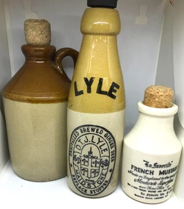 Three Vintage Stoneware Ceramic bottles and Flagons French Mustard, Ginger Beer - Picture 1 of 7