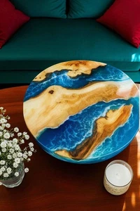 24" Blue Ocean Wave Table Handmade Epoxy Resin Tabletop Beach Furniture Bar Deco - Picture 1 of 8