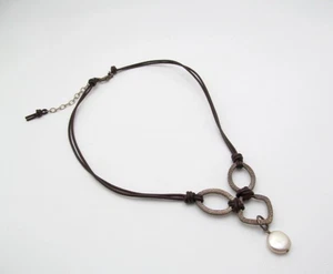 Silpada 925 Sterling Silver Hammered Double Brown Leather Cord Pearl Necklace - Picture 1 of 6