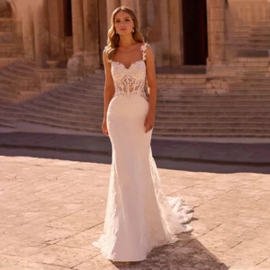Spaghetti Straps Mermaid Wedding Dresses Elegant Appliques Backless Bridal Gown - Picture 1 of 5