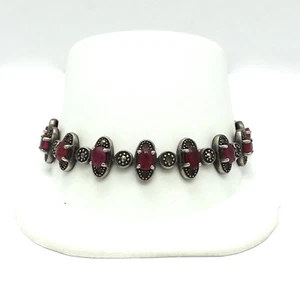 Vintage Sterling Silver Natural Ruby Marcasite Tennis Bracelet July Birthstone - Picture 1 of 5