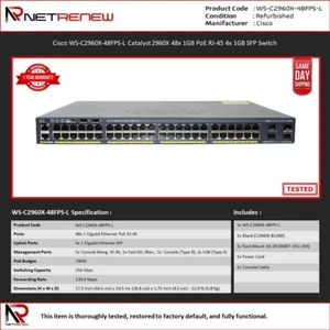 Cisco WS-C2960X-48FPS-L Catalyst 2960X 48x 1GB PoE RJ-45 4x 1GB SFP Switch - Photo 1/1