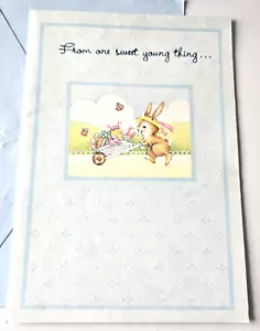 Vintage Grußkarte Geburtstag süßer Hase mit Schubkarre voller Blumen - Bild 1 von 3