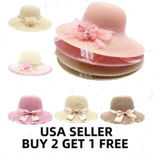 Women Sun Straw Hat Breathable Large Wide Brim Beach Flower Bow Knot - Picture 1 of 10