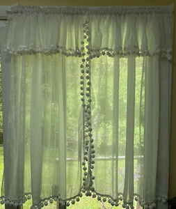 Pair Vintage Sheer White Panel Curtains Pom Pom Fringe Attached Valance 45”x45” - Picture 1 of 11