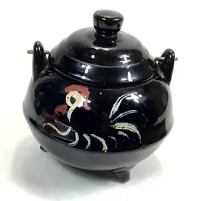 Maceta de cerámica pintada a mano de colección Támesis tapa de barro mango de metal gallo flor negra - Imagen 1 de 12