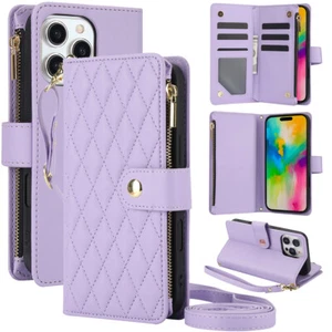 For iPhone 16 Pro Max 15 14 13 12 Leather Wallet Card Stand Case Crossbody Strap - Picture 1 of 46