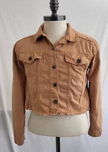 NASTY GAL COLLECTION Denim Frayed Hem Button-Up Cropped Jean Jacket Sz 4 Orange - Picture 1 of 8
