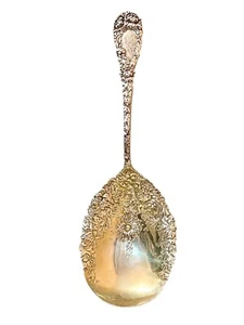 Antique Durgin “Chrysanthemum” Repousse Sterling Silver Berry Spoon 9 1/4" - Picture 1 of 8