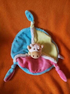 Biddybah Cow Baby Comforter Blanket Turquoise Pink Yellow Soft Toy Doudou 10" - Picture 1 of 2