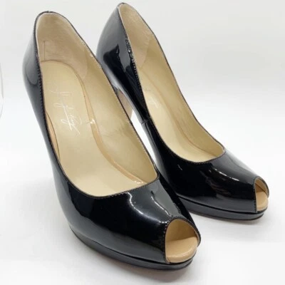 Zapatos de salón de tacón de charol negro peep toe talla 8 de segunda mano para mujer Foto 1 de 4