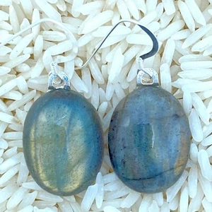 Labradorite Gemstone Dangle Drop Earrings Gray Gold Flash Oval Shape  - Picture 1 of 10