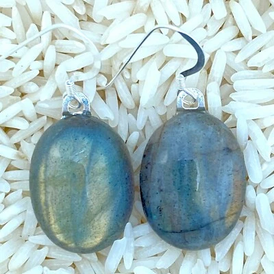 Labradorite Gemstone Dangle Drop Earrings Gray Gold Flash Oval Shape  - Image 1 of 4