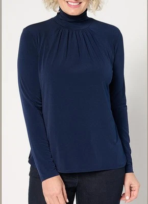 Susan Graver Size 1X Navy Long Sleeve Liquid Knit Mock Neck Top - Image 1 of 2