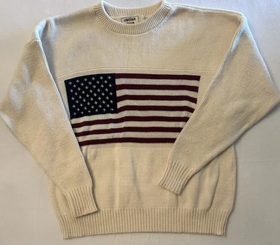Suéter vintage de algodão tamanho XXL bege bandeira americana pulôver de algodão - Imagem 1 de 4