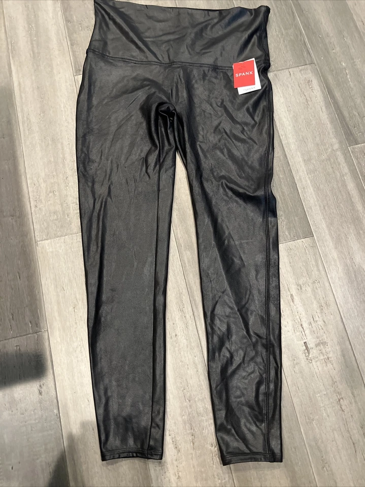 Spanx Tuxedo Side Stripe Faux Leather Leggings Black XL 20187r Shaping