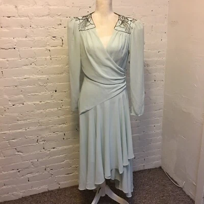 Vestido de noche Casadei vintage años 80 embellecido gasa verde pálido talla pequeña Foto 1 de 4