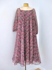Vtg 60s Mod Miss Elliette Purple Floral Chiffon Trapeze Dress Micro Accordion 12 - Picture 1 of 7