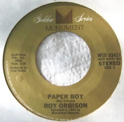 ROY ORBISON * 45 * Paper Boy / Blue Angel * 1960s * UNPLAYED MINT * RI Monument - Image 1 of 2