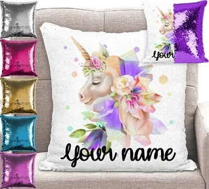 Personalised Unicorn Sequin Cushion Cover Mermaid Pillow 6 Colours - Picture 1 of 8