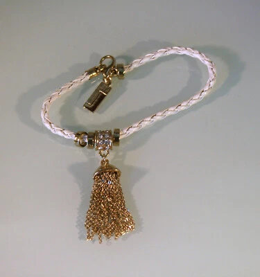 Pulsera o tobillera tono dorado trenzado cuero blanco, cristales, cadena flecos 6" Foto 1 de 2