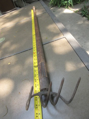 antique forged 4 prong garden rake, cultivator original wood 44" handle farm Cover