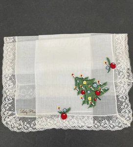 VTG Lady Heritage Handkerchief Christmas Tree Hand embroidered Switzerland NOS - Picture 1 of 9